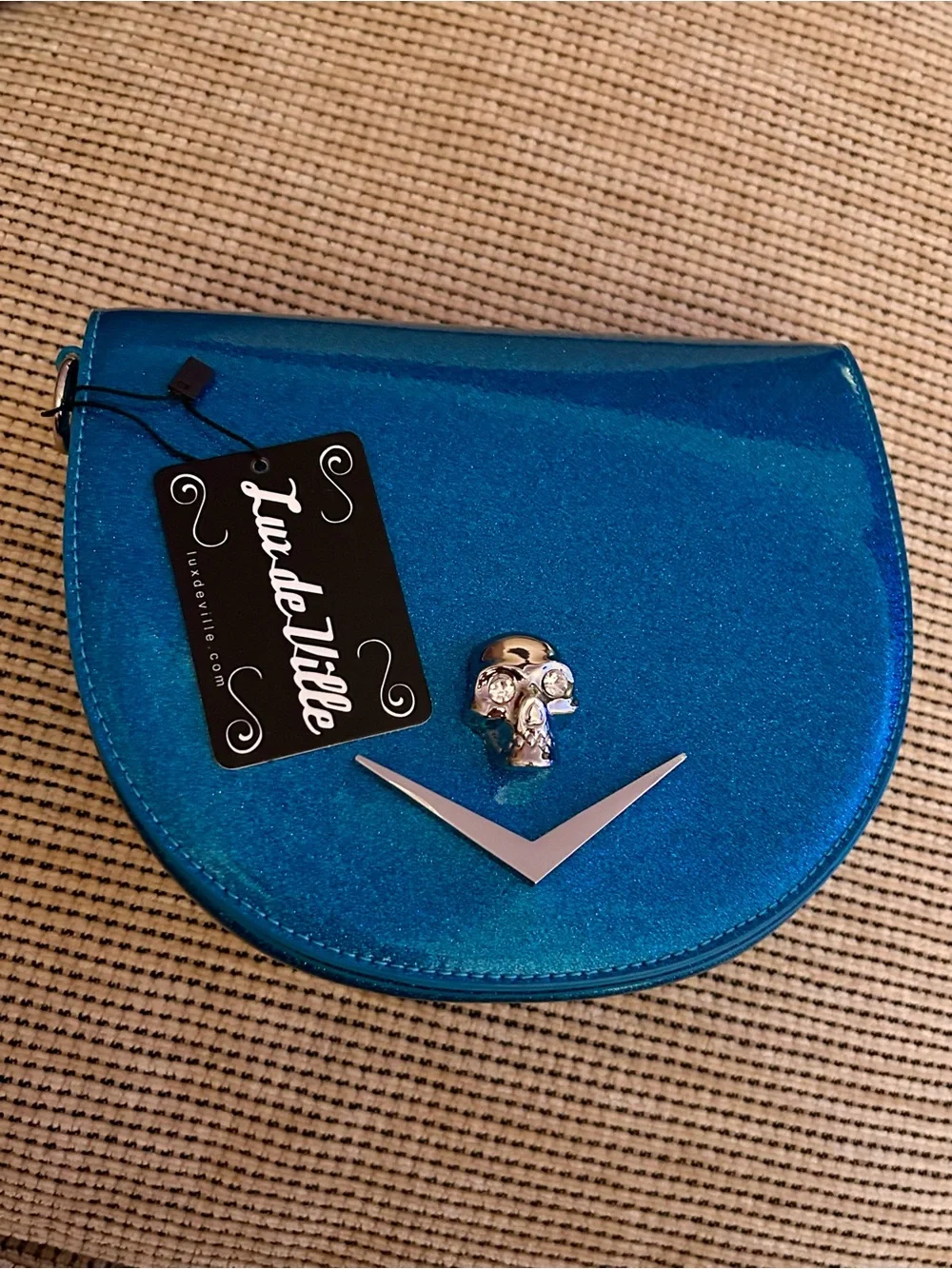 Lux de Ville Metallic Teal Blue Crossbody with Skull Charm